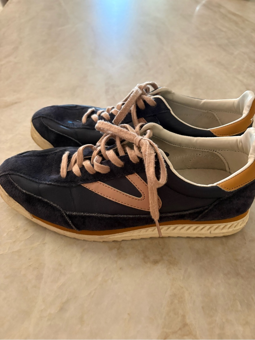 Tretorn Navy Pink Tan Suede Accent Sneakers with Blush Laces size 8